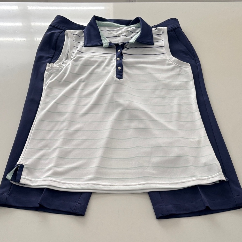 M Pebble Beach Performance White and Navy Polo Shirt & size 10 Pants